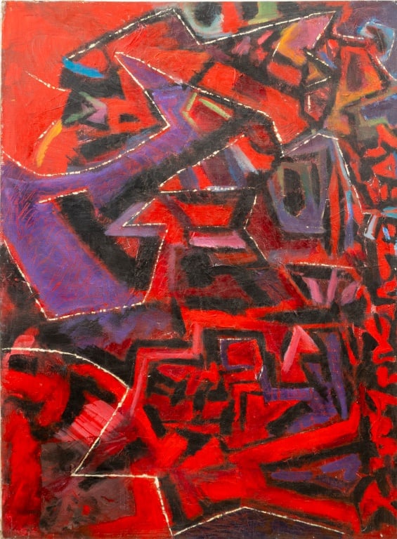 Kay McKay "Abstract with Red 7 White Lines" Oil: Kay McKay (American, XX), "Abstract with Red Seven White Lines", Oil on Cheesecloth Mounted on Canvas, 1986-87, signed and with Art Students League of New York label to verso, unframed. 68" H x 50" W.