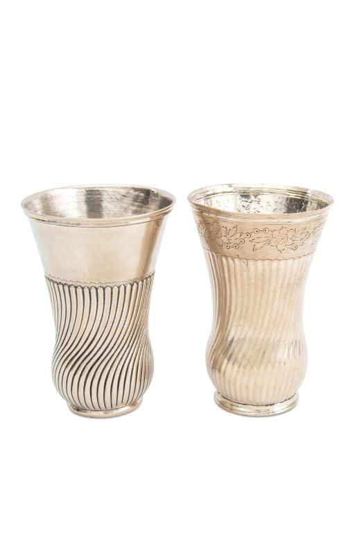 European Silver Vases, Assembled Pair: Assembled Pair of European Silver Vases, late 19th century, comprising: one with repousse swirl design to body, marked "10" in square cartouche to underside and molded swirl design to body with chased