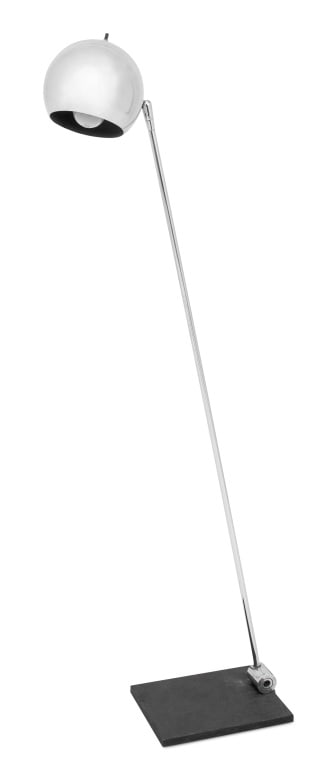 Robert Sonneman Style Adjustable Floor Lamp: Robert Sonneman Style Adjustable Floor Lamp, with chrome eyeball shade mounted on rectangular iron base. 54" H x 11" W x 8" D. Provenance: From a New York City Collection. Keywords: Lighting, Standing