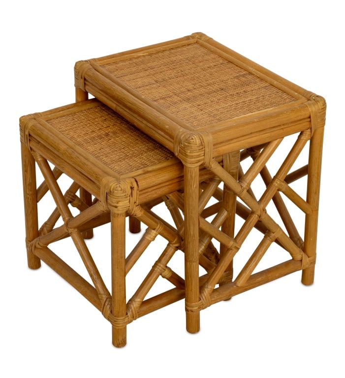 Gabriella Crespi Style Rattan Nesting Tables, 2: Set of Two Gabriella Crespi Style Bamboo and Rattan Nesting Tables, apparently unmarked. 18.5" H x 18.5" W x 14" D. Provenance: From a 333 East 75th Street Estate. Keywords: Modern Furniture, Stacking