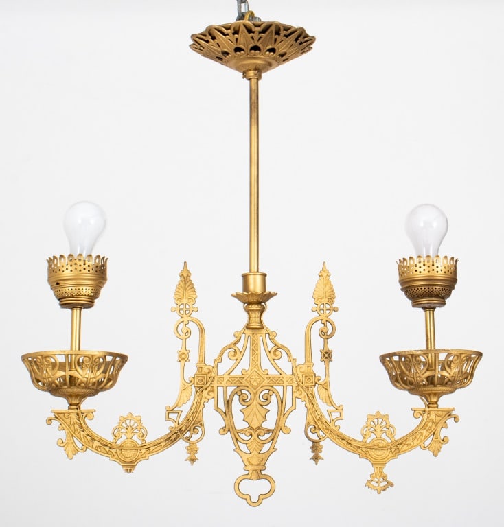 Gothic Revival Two-Arm Gilt Metal Chandelier (1 of 12)