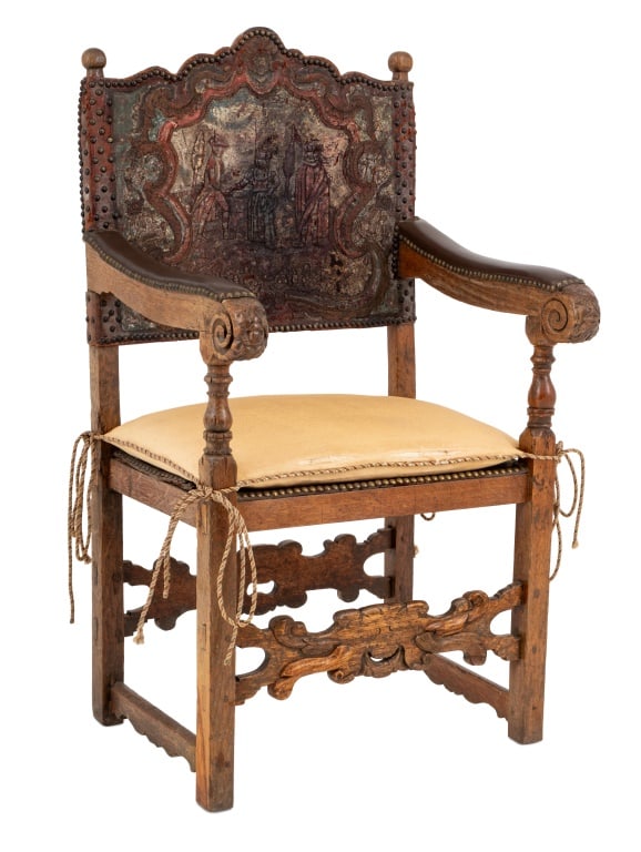 Spanish Paint-Decorated Leather Walnut Armchair (1 of 5)
