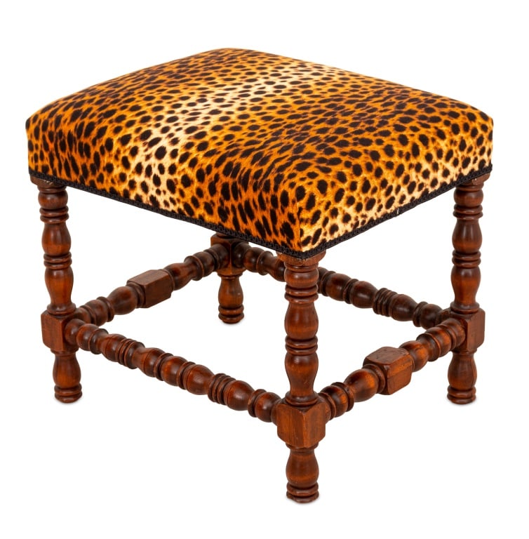 Cheetah Print Covered Walnut Turned Leg Ottoman (1 of 3)
