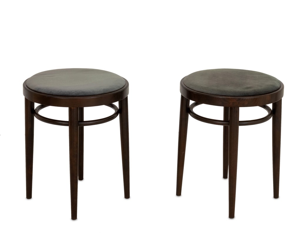Thonet Bentwood Ottomans, Pair: Pair of Thonet Bentwood Ottomans, each marked "Thonet 78" to underside, with blue velvet covered seats. 18.5" H x 15" Diameter. Provenance: From a 333 East 75th Street Estate. Keywords: Designer, Euro