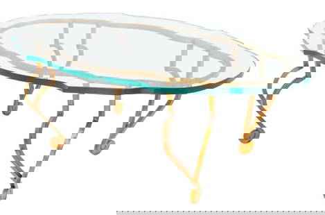Maison Ramsay Gilded Wrought Iron Low Table: Jean Charles Moreux (French, 1889-1956) for Maison Ramsay Gilded Wrought Iron Low Table, 1950s, with shaped oval top above conforming lacquer-gilded wrought iron base with curving legs in the Baroque