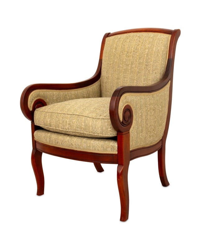 Louis Philippe Style Upholstered Mahogany Bergere: Louis Philippe Style Upholstered Mahogany Bergere, with green upholstery and scrolling arms. 38.5" H x 28.5" W x 30" D; seat: 20.5" H. Provenance: From a 188 E 78th Street Estate. Keywords: Vintage Fu