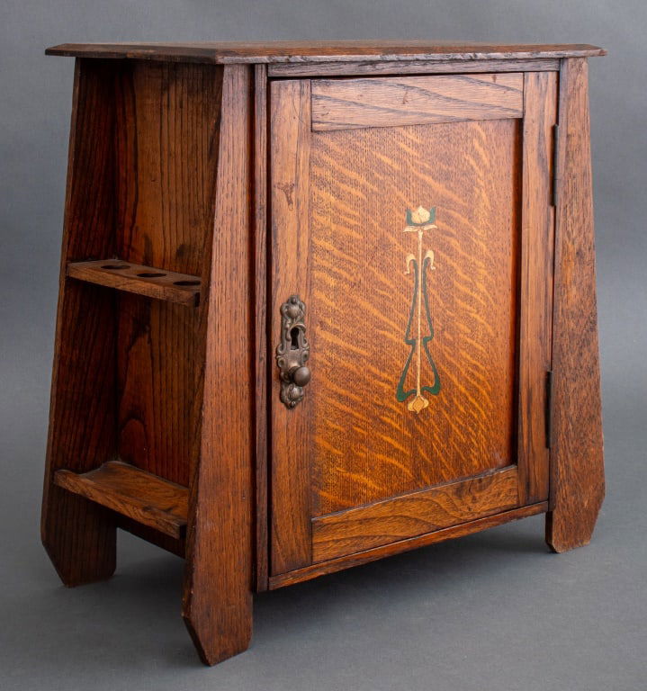 Arts & Crafts Paint-Decorated Oak Smoking Cabinet (1 of 7)