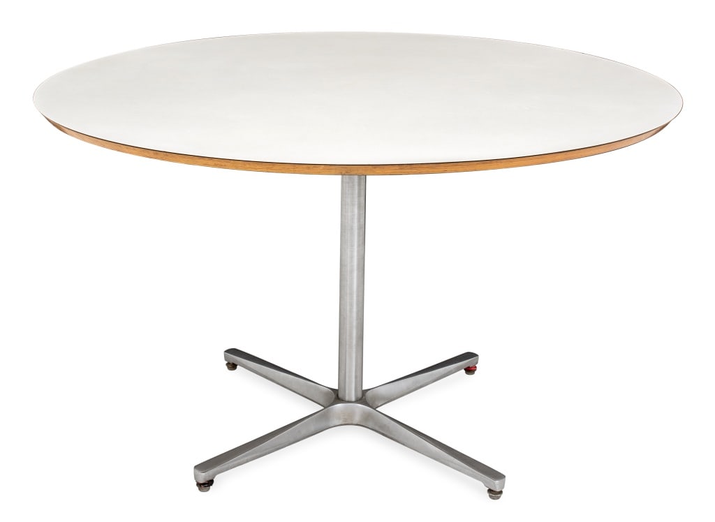 Eames Style Circular Steel Table: Eames Style Circular Steel Table, white top over steel base, apparently unmarked. 29" H x 47.5" Diameter. Provenance: From a New York City Collection. Keywords: Modern Furniture, Kitchen table, Dining