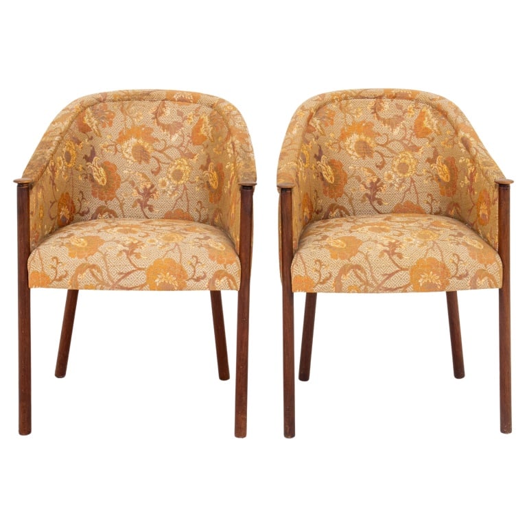 Mid-Century Modern Brocade Walnut Tub Chairs, Pair (1 of 8)