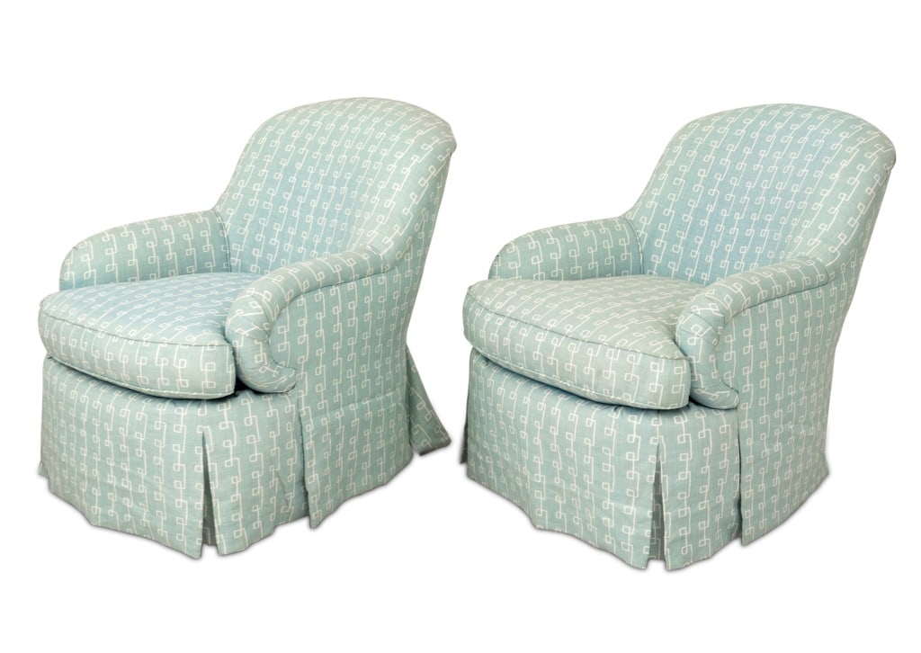 Contemporary Blue Cotton Covered Armchairs, Pair (1 of 4)