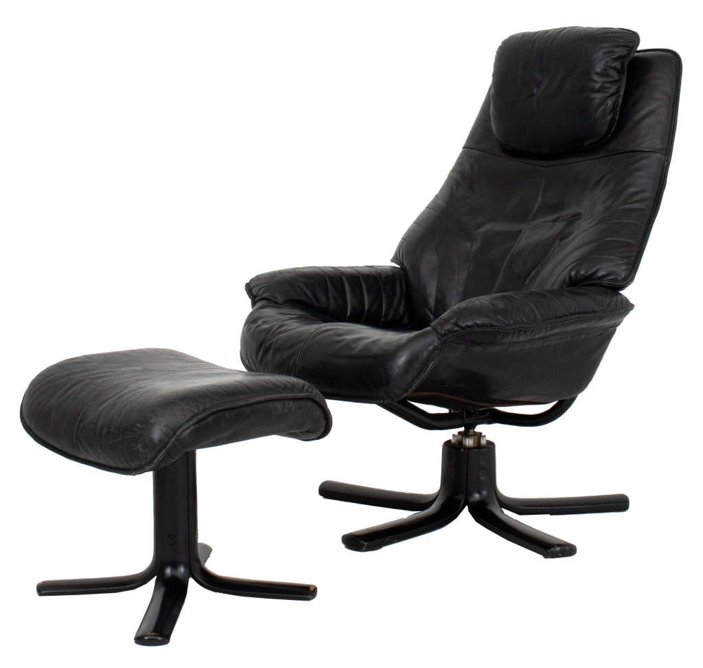 Danish Modern Black Leather Lounge Chair & Ottoman (1 of 9)
