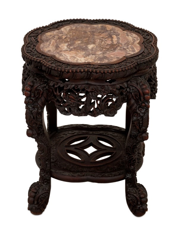 Chinese Carved Hardwood Marble Top Side Table (1 of 4)