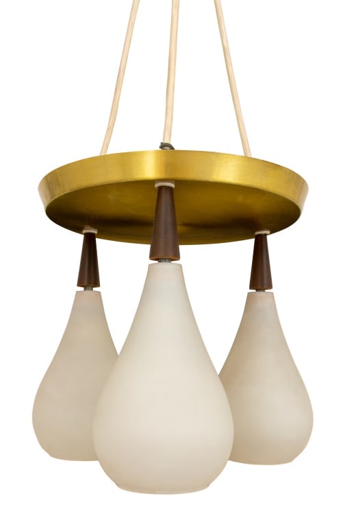 Holmegaard Mid-Century Teardrop Pendant Lamp: Holmegaard Mid-Century Modern Teardrop Pendant Lamp, three opaque white glass pendants hanging from brass circular ceiling attachment. 14" H x 13.5" Diameter. Provenance: From a New York City Collecti