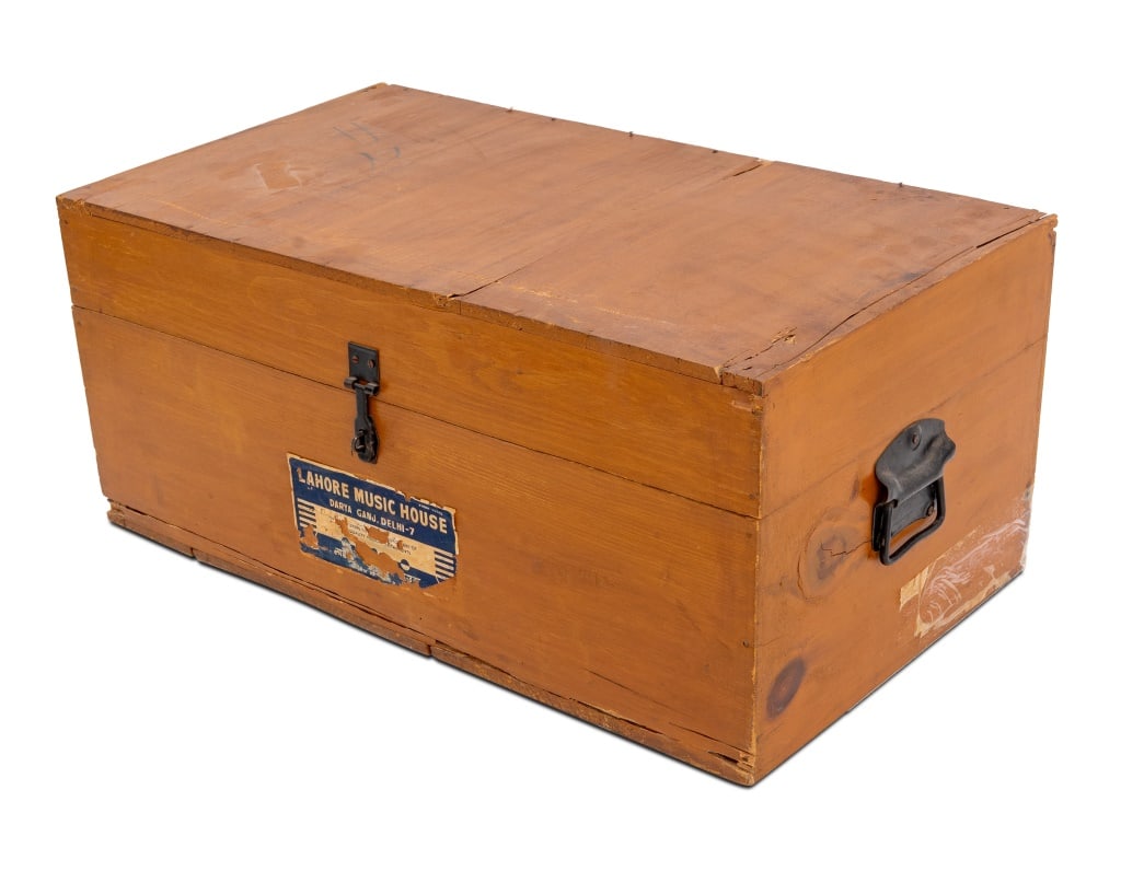 Lahore Music House Portable Keyboard Harmonium: Lahore Music House New Delhi Portable Keyboard Harmonium, mother of pearl capped keys, labeled to case and above keys, with wooden storage case. Playability unknown. 10.5" H x 24" W x 13.5" D. Provena