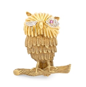 14K Yellow Gold Diamond Ruby Owl Brooch