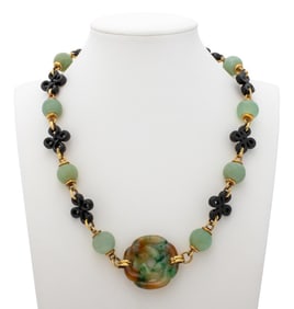 14K Yellow Gold Multicolored Jade Link Necklace