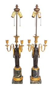 Restauration Bronze Figural Candelabra Lamps, Pair
