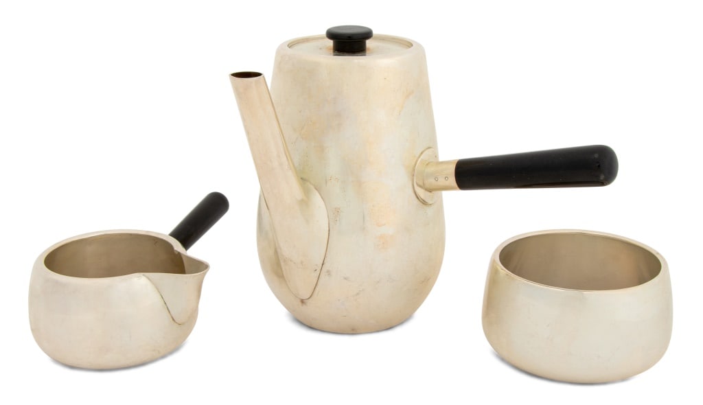 Staehr-Neilsen x Michelsen Sterling Coffee Set, 3: Oluf Staehr-Neilsen for Anton Michelsen Sterling Silver Coffee Set, comprising coffee pot, sugar bowl, and creamer, ebonized handles and finial, each marked "A.Michelsen / Copenhagen", "OstaehrN." mak