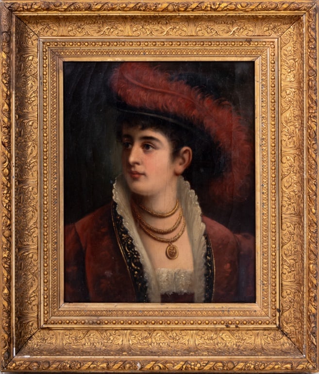 Carl De Calzada Portrait of a Lady in Red Oil: Carl De Calzada (Spanish, XIX), Portrait of a Lady in Red, Oil on Canvas, late 19th century, signed lower right, ornate giltwood frame. Image: 21" H x 16.75" W; frame: 29.5" H x 25.5" D. Keywords: Pai