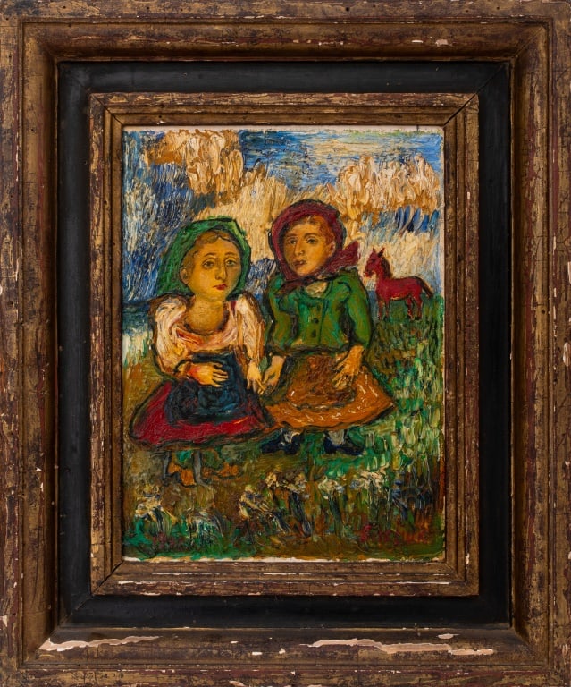 David Burliuk "2 Women & Red Horse" Oil on Canvas: David Davidovich Burliuk (Russian/American, 1882-1967), "Two Women and Red Horse", Oil on Canvas, 1948, signed lower right, dated lower left, ebonized and giltwood frame. Image: 11.5" H x 8.5" W; fram