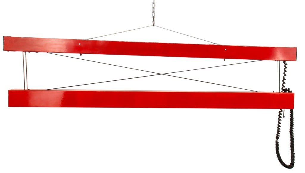 Industrial Red Patinated Metal Linear Chandelier: Industrial Red Patinated Metal Linear Chandelier, with black coiled rope suspension to center. 22" H x 60" W x 3.5" D. Provenance: From a New York City Collection. Keywords: Lighting, Adjustable, Susp