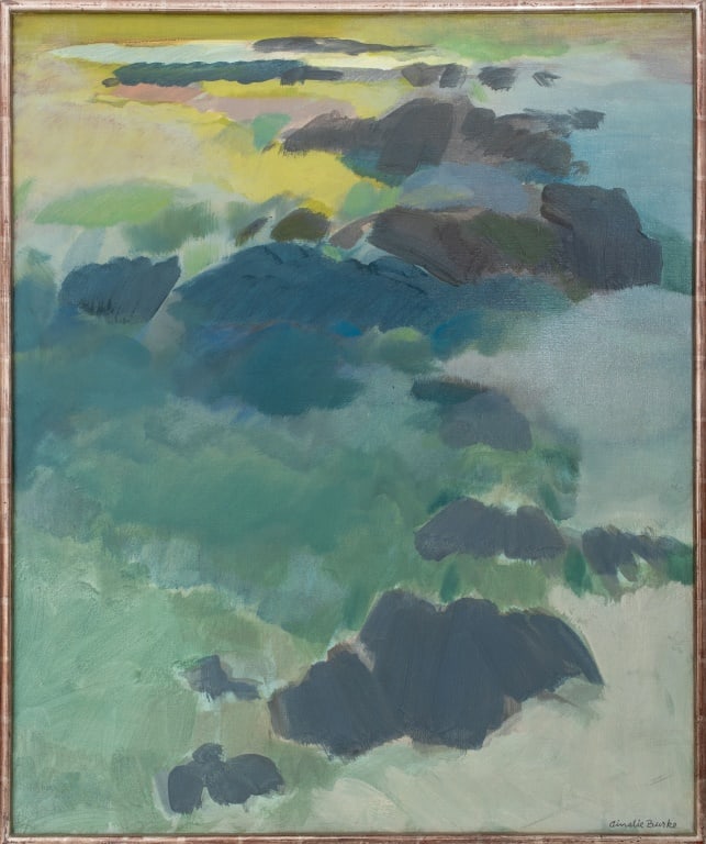 Ainslie Burke "Ledges" Oil on Canvas: Ainslie Burke (American, 1922-1991), "Ledges", Oil on Canvas, signed lower right, signed and titled to verso, with Kraushaar Galleries label to verso, silver gilt frame. Image: 41.75" H x 34.5; frame:
