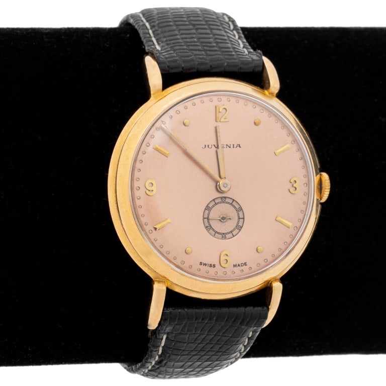 Juvenia 18K Rose Gold Automatic Watch, 1950s: Juvenia 18K Rose Gold Automatic Watch, 1950s, with rose colored dial, golden Arabic numeral and baton indexes, sub-dial at 6 o'clock for running seconds, powered by automatic self winding movement, wo