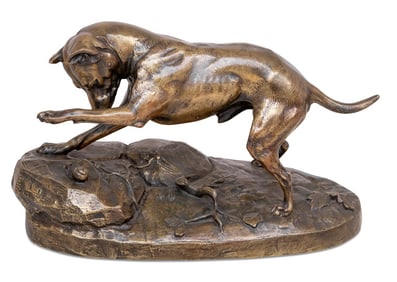 French "Dog and Snail" Patinated Bronze Sculpture