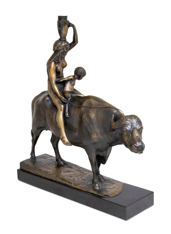 Rudolf Marcuse "Water Carrier" Bronze Sculpture: Rudolf Marcuse (German, 1878-1940) "Water Carrier" Patinated Bronze Sculpture, early 20th century, a woman upholding an amphora riding a water buffalo with her child, on a rectangular black marble pli
