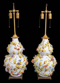German Porcelain Floral Encrusted Vase Lamps, Pair