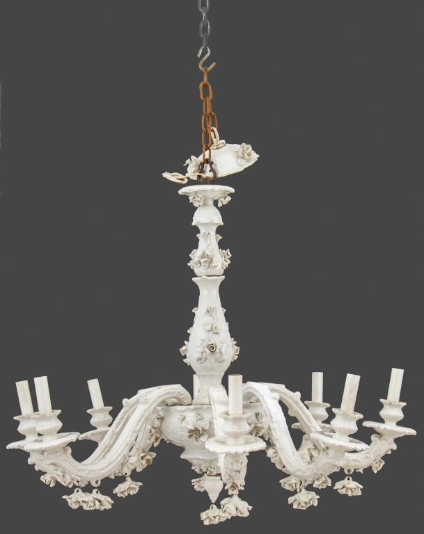Italian Blanc de Chine Porcelain 8-Arm Chandelier: Italian Blanc de Chine Porcelain Eight-Arm Chandelier, with floral motifs. 26" H x 30" Diameter. Provenance: From an Upper East Side Collection. Keywords: Lighting, Ceramics, Meissen Style, Capodimont