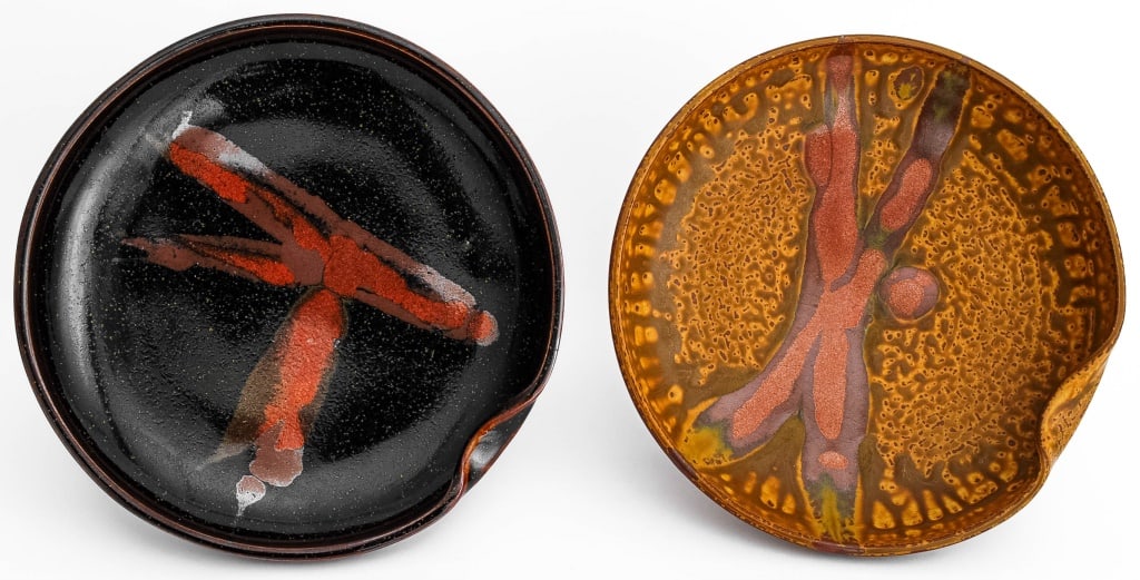 Brother Thomas Bezanson Glazed Porcelain Plates, 2: Group of Two Brother Thomas Bezanson (Canadian, 1929-2007) Glazed Porcelain Plates, with abstract design, each with ichthys mark to underside. Larger: 2" H x 9" Diameter. Provenance: From a 333 East 7