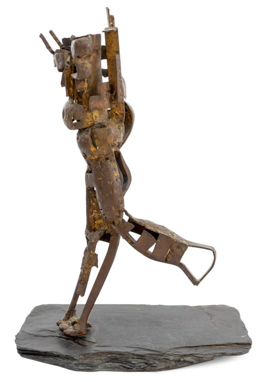 Abbott Pattison Running Figure Bronze Sculpture: Abbott Pattison (American, 1916-1999) Running Figure Bronze Sculpture, on black slate base, apparently unsigned. Overall: 25" H x 17.5" W x 11.5" D. Provenance: From a 5th Avenue Estate. Keywords: Sta