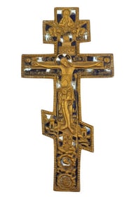 Russian Orthodox Enameled Gilt Bronze Crucifix