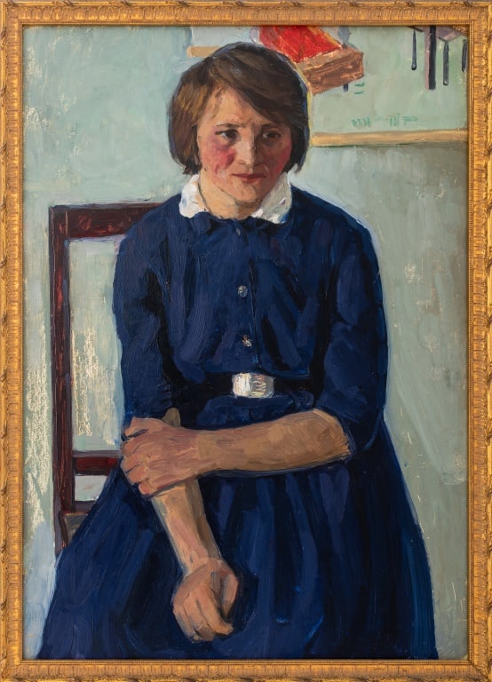 Fedor Kascheev "Craftswoman" Oil on Board, 1964: Fedor Kascheev (Russian, 1934-2020), "Craftswoman", Oil on Board, 1964, International Art Fund Certificate of Authenticity to verso, giltwood frame. Image: 27" H x 19" W; frame: 29.5" H x 21.25" W. Pr