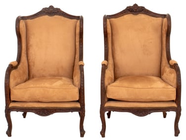 Louis XV Style Velvet Covered Bergeres, Pair