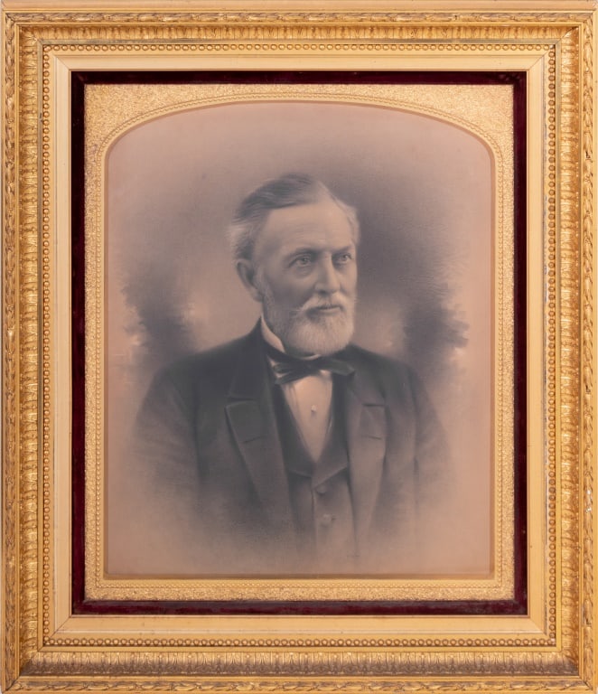 American School Portrait of William Wood Charcoal: American School, Portrait of William Wood, Charcoal on Toned Paper, 1884, charcoal and body color on card, inscribed "William Wood - 1884 - Son of Leonard and Elizabeth Thorn Wood" to verso, giltwood 
