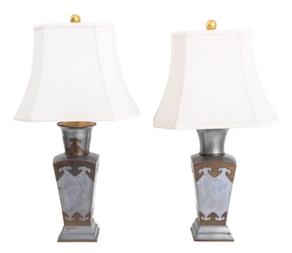 Chinese Pewter & Brass Vase Mounted Lamps, Pair
