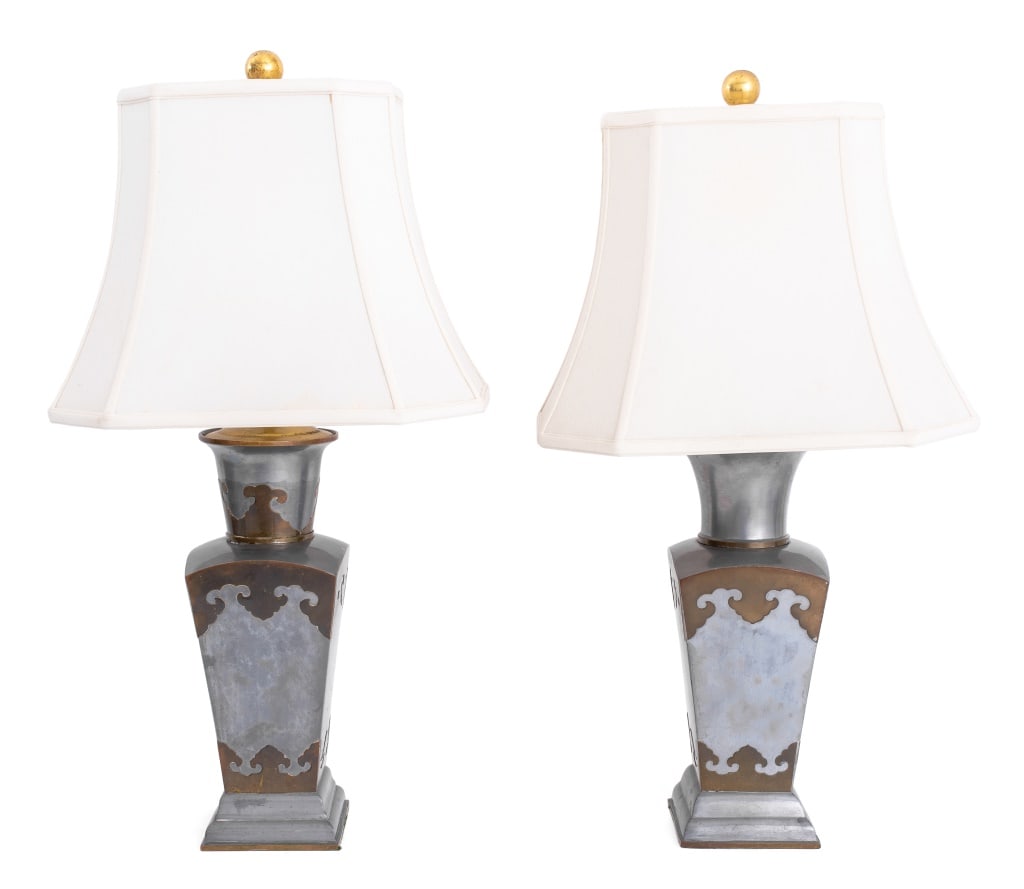 Chinese Pewter & Brass Vase Mounted Lamps, Pair (1 of 5)