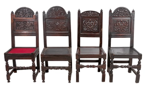 Charles II Carved Oak Paneled Back Chairs, 4