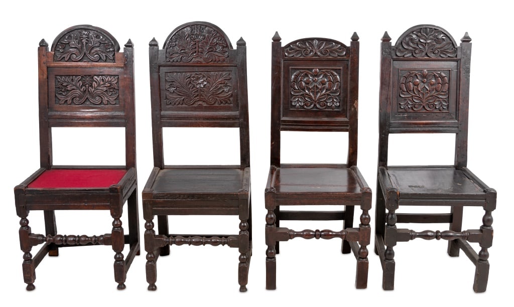 Charles II Carved Oak Paneled Back Chairs, 4 (1 of 4)