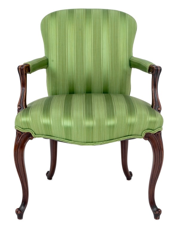 George III Green Satin Covered Mahogany Armchair: George III Green Satin Covered Mahogany Armchair, circa 1780, in the French manner. 35" H x 24.5" W x 19.5" D; seat: 18.5" H. Provenance: From an 1120 Park Ave Estate. Keywords: British, English Furni
