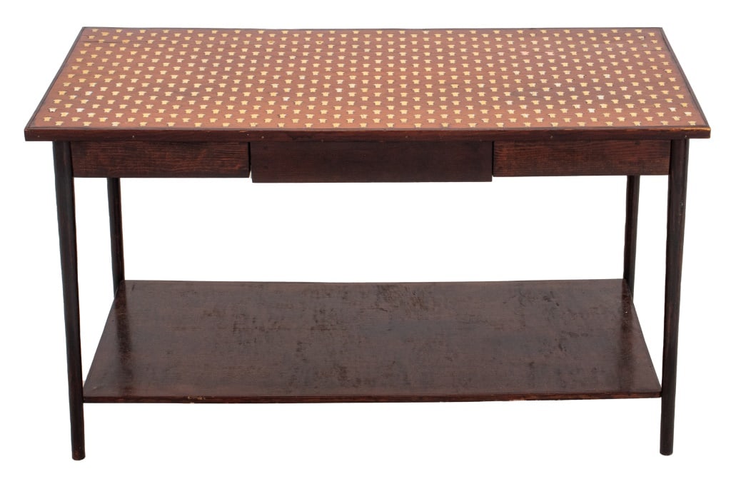 Camel Bone Inlaid Rosewood Low Table, ca. 1900: Camel Bone Inlaid Rosewood Low Table, circa 1900, possibly Indian or Near Eastern, the rectangular top with a floral repeating pattern, above four tapering square legs conjoined by an undertier. 21" H