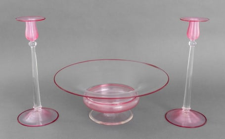 Murano Art Glass Pink Caned Garniture Set