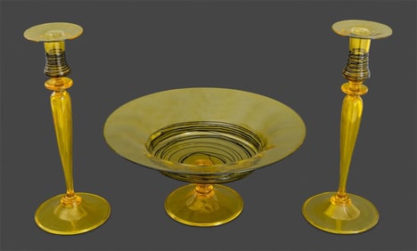 Steuben Black Threaded Yellow Glass Garniture Set