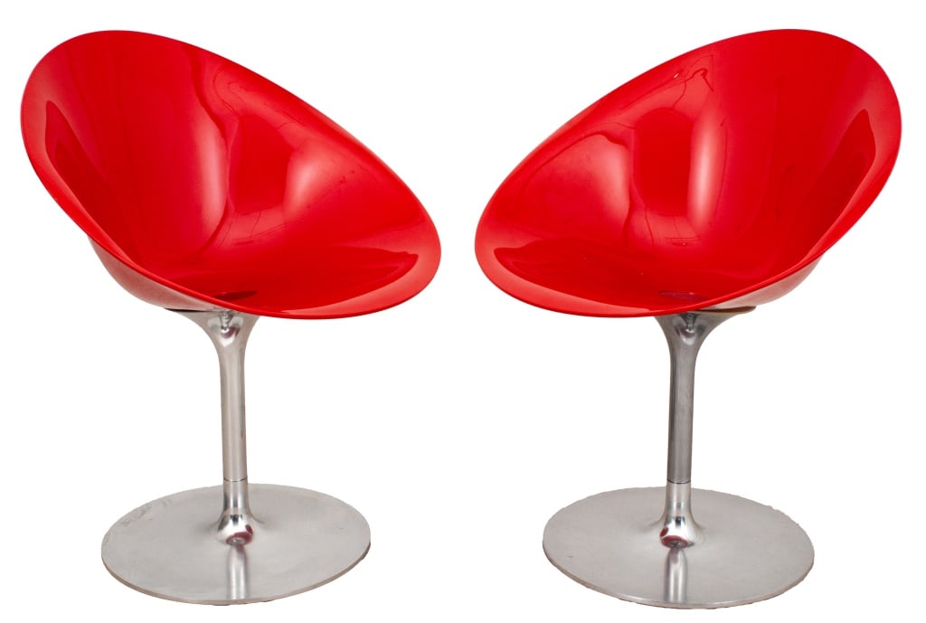 Philippe Starck "Eros" Red Swivel Chairs, Pair: Pair of Philippe Starck for Kartell "Eros" Red Swivel Chairs, chrome trumpet bases a marked "Eros S / by / Kartell / with / Stark / Made in Italy" to reverses. 31" H x 24" W x 21" D; seat: 18.5" H. Pr