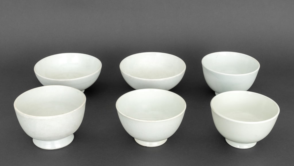 Korean White Glazed Porcelain Bowls, 6: Six Korean White Glazed Porcelain Bowls, including five with cobalt blue overglaze marks to underside. Largest: 3.25" H x 7.25" W. Provenance: From an East 81st Street Estate. Keywords: Asian Art, Cer