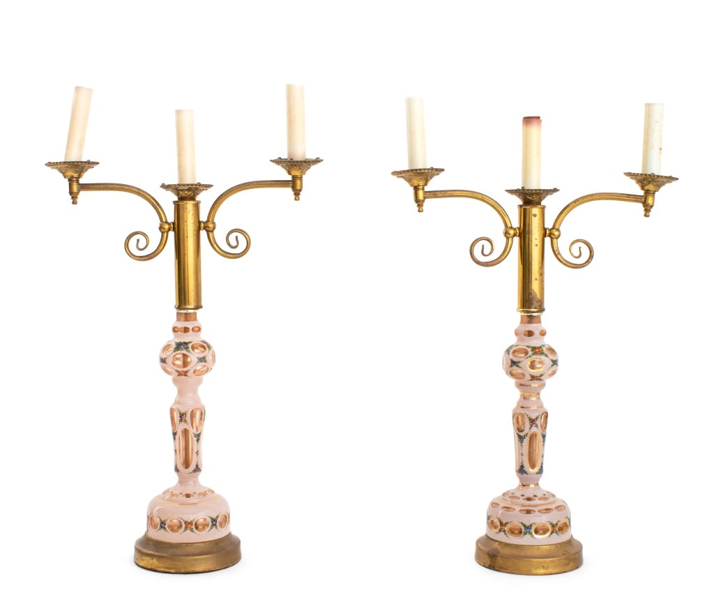 Bohemian Painted Glass Candlestick Lamps, Pair (1 of 5)