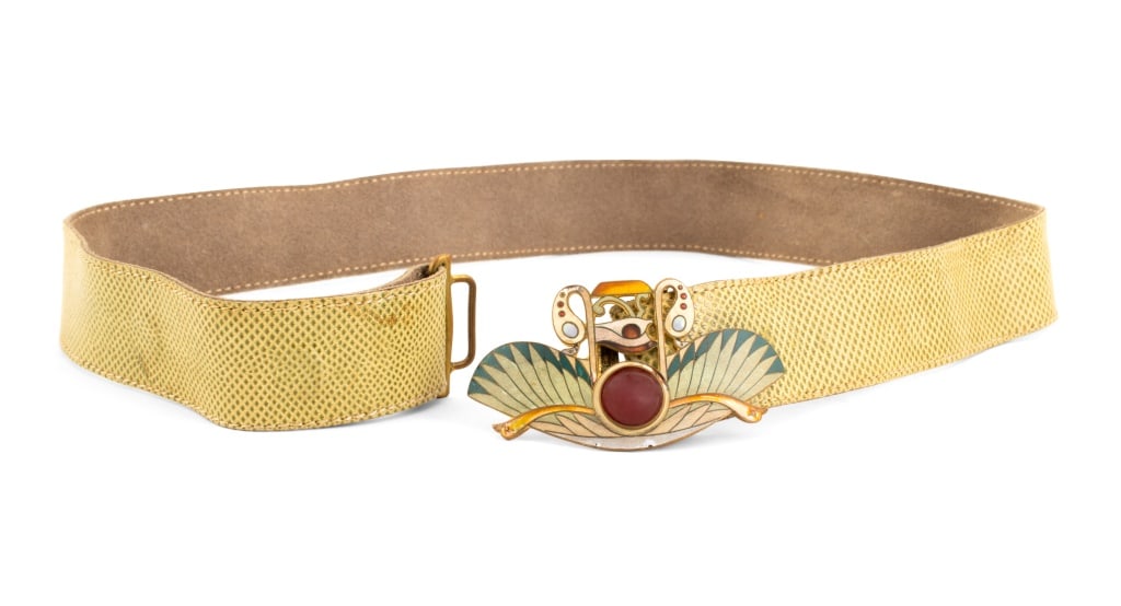 Piel Freres Egyptian Revival Enamel Belt Buckle: Piel Freres Egyptian Revival Enameled Gilt Metal Belt Buckle, circa 1900, struck "PF" with maker's mark, with gripoix carnelian-tone cabochon, on a green snakeskin-embossed leather belt. 31" L x 1.75"