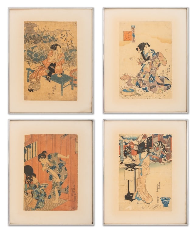 Utagawa Kunisada Ukiyo-e Woodblock Prints, 4: Utagawa Kunisada (Japanese, 1786-1865), Four Woodblock Prints in Colors, 19th century, silver-tone metal frames. Image: 15" H x 10.25" W; frame: 20.5" H x 16.5" W. Provenance: From an East 81st Street